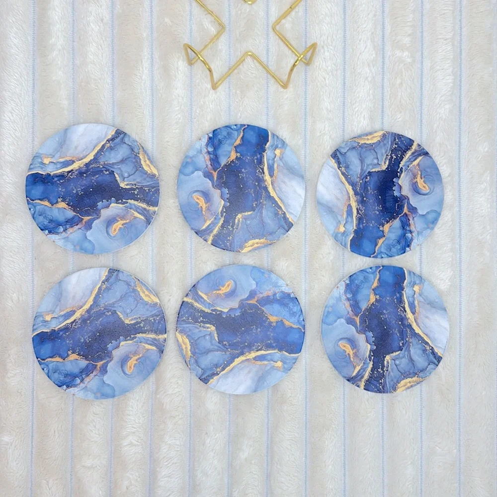 6 Pcs Navy Blue and Gold Marble Abstract Ceramic Coasters with Gold Holder